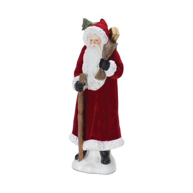 Kenneth Ludwig Chicago Flocked Santa Figurine with Hood and Staff (Set of 2) For Sale - Image 4 of 5