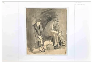Jules Chadel, Figures, Drawing in Ink & Watercolor, Early 20th Century