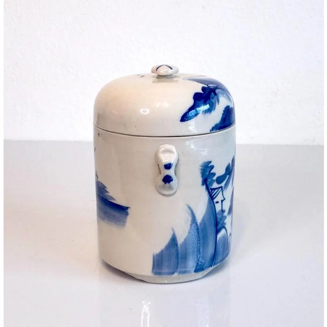 Chinese Porcelain Blue & White Landscape Tea Caddy or Storage Jar, Vintage Mid Century For Sale - Image 4 of 7