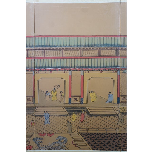 Chinese Painted Silk 4 Panel Folding Screen Dynasty Courtyard Black Lacquer 72" For Sale - Image 9 of 18