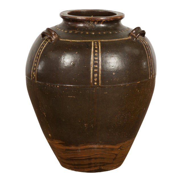 Thai Brown Glazed Ceramic Vase with Loop Handles and Cream Dotted Décor For Sale