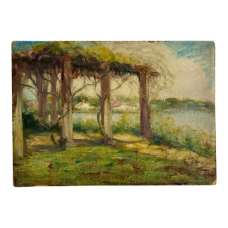 Early 20th Century Joyous Original O/B Post Impressionist Painting of Scenic River Scene With Vine Covered Pergola For Sale
