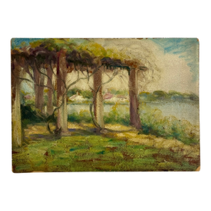Early 20th Century Joyous Original O/B Post Impressionist Painting of Scenic River Scene With Vine Covered Pergola