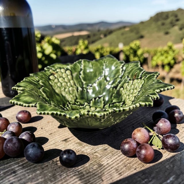 This Vintage Portuguese Majolica Pottery Serving Bowl Platter features a beautiful design of grape leaves and grapes,...