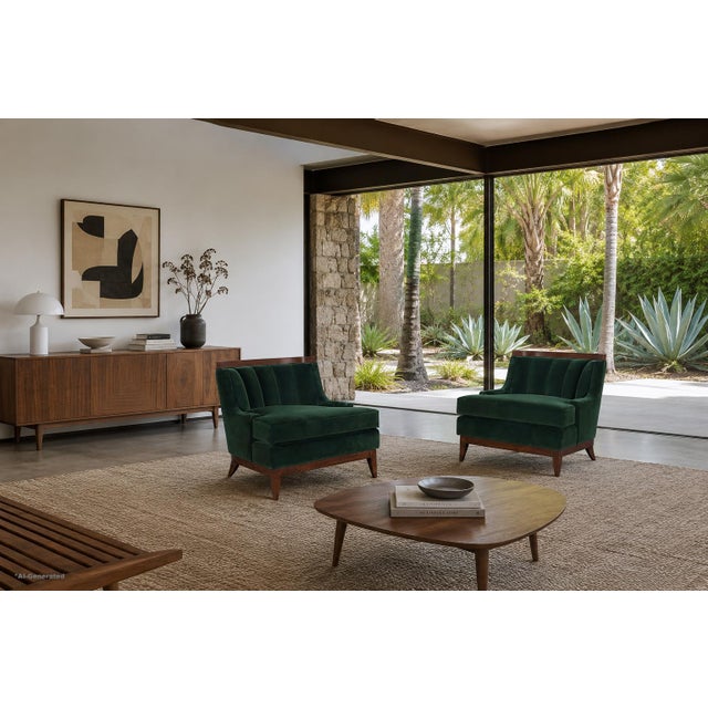 Mid-century modern walnut lounge chairs, crafted in the United States circa 1950s, and strongly reminiscent of the designs...
