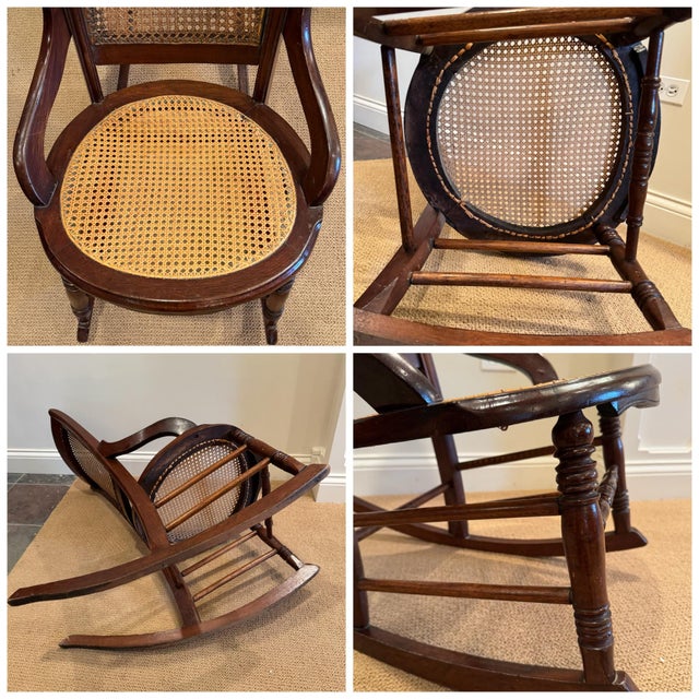 Last Call! Vintage Victorian Mahogany and Cane Rocking Chair For Sale - Image 9 of 10