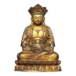 Gilt Bronze Seated Guanyin Bodhisattva Sculpture, Lotus Throne For Sale