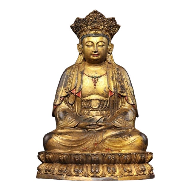 Gilt Bronze Seated Guanyin Bodhisattva Sculpture, Lotus Throne For Sale