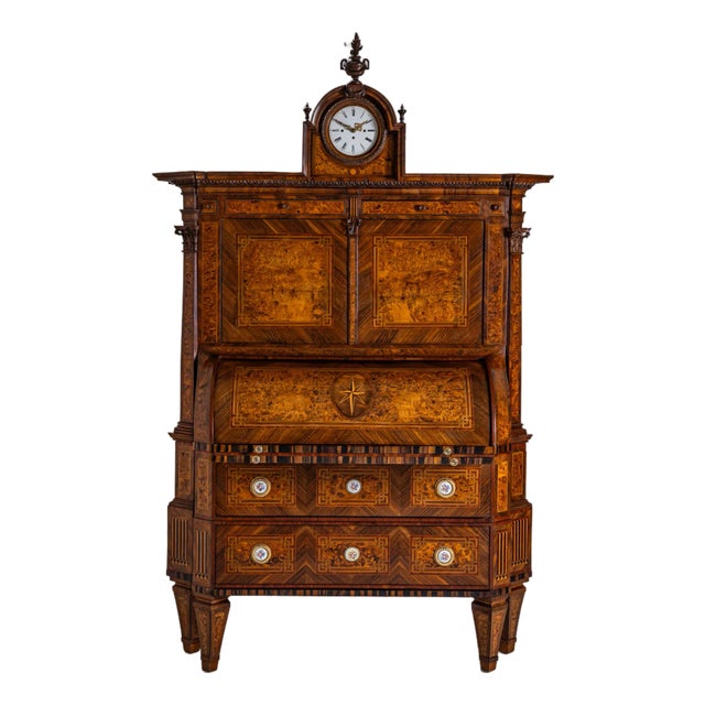 Neoclassical Cylinder Secretaire Desk with Clock, 1780 For Sale