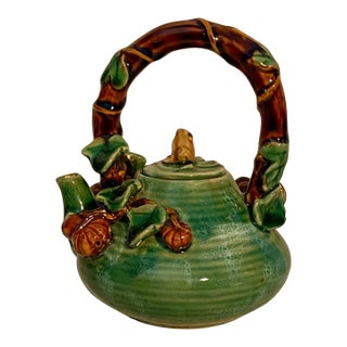 Vintage Majolica Ceramic Teapot Green Glaze With a Frog, Vines, and Hazelnuts. Unique Pottery. Charming. For Sale