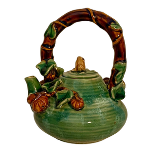 Vintage Majolica Ceramic Teapot Green Glaze With a Frog, Vines, and Hazelnuts. Unique Pottery. Charming.