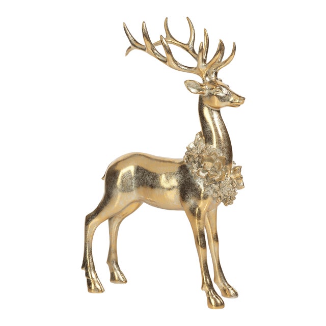 Clara Golden Standing Deer Figurine with Floral Wreath For Sale