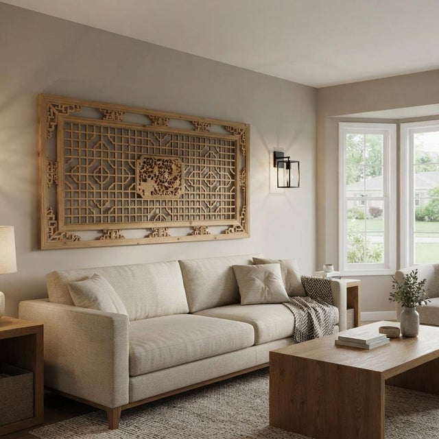 Chinese 58" Chinese Rectangular Flower Birds Geometric Wood Wall Panel For Sale - Image 3 of 11
