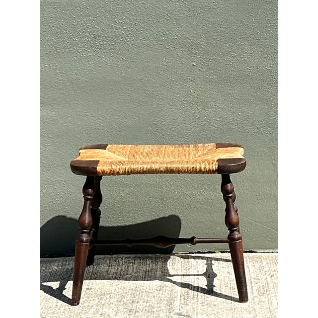 Mid 20th Century Vintage Rush Seat Turned Wood Low Stool For Sale - Image 5 of 12