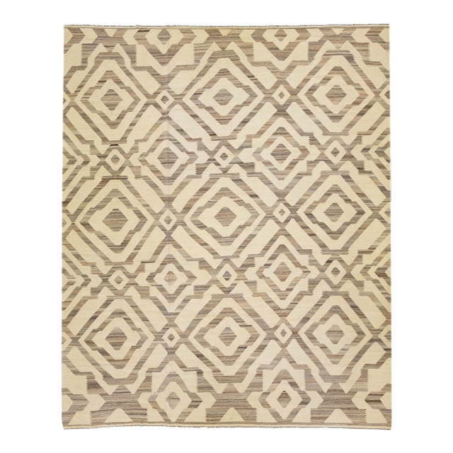 1960s Oversize Modern Kilim Wool Rug in Beige With Geometric Motif For Sale