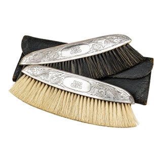 Beautiful Pair Ornate Sterling Silver Antique Clothing Brushes Leather Case Vanity Dresser Home Decor For Sale