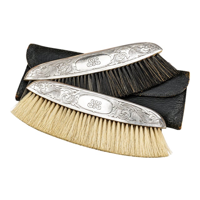 Beautiful Pair Ornate Sterling Silver Antique Clothing Brushes Leather Case Vanity Dresser Home Decor For Sale