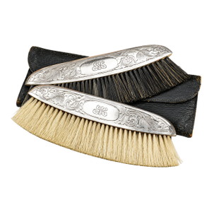 Beautiful Pair Ornate Sterling Silver Antique Clothing Brushes Leather Case Vanity Dresser Home Decor