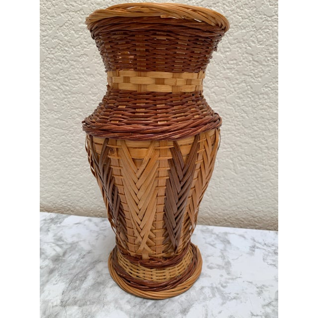 Rustic woven wood wicker two toned vessel or vase for dried flowers. African vibe. Ornate craftsmanship and rustic decor...