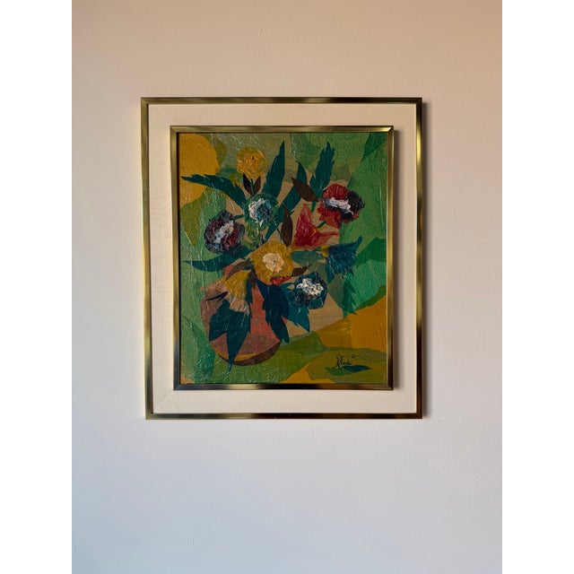 Mid-Century Modern 1980s Rhonda Mixed Media Floral Still Life Oil on Canvas Painting – Signed For Sale - Image 3 of 12