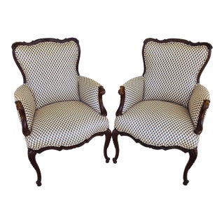 Pair of Antique French Provincial Louis XV Walnut Bergere Armchairs For Sale