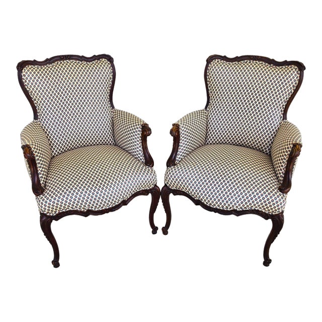 Pair of Antique French Provincial Louis XV Walnut Bergere Armchairs For Sale
