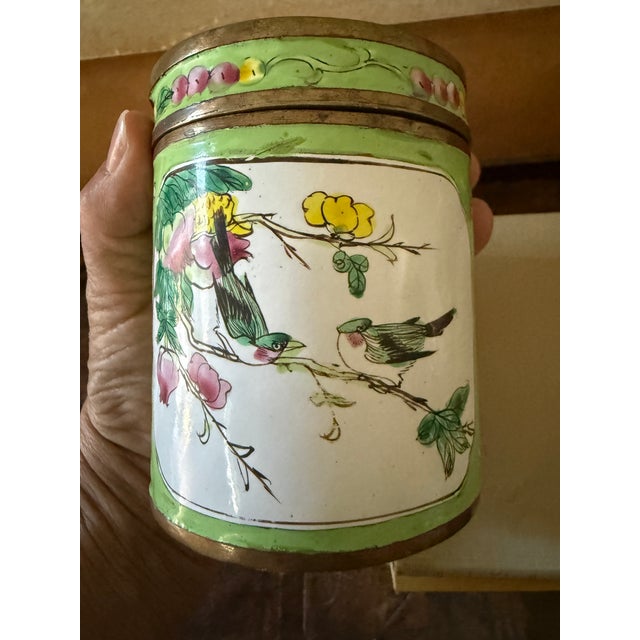 Celadon Vintage Apple Green Canton Enamel Floral Covered Box For Sale - Image 8 of 8