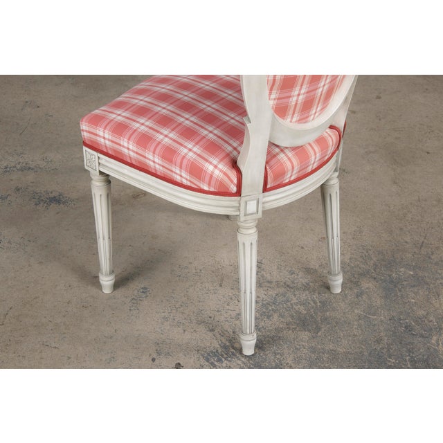 French Louis XVI Style Painted Dining Chairs W/ Pink Plaid Fabric Set