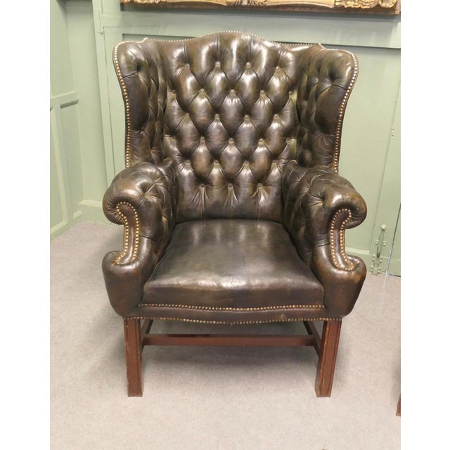Georgian Style Gentleman's Wing Back Chesterfield Chairs in Leather, 1920, Set of 2 For Sale - Image 3 of 8