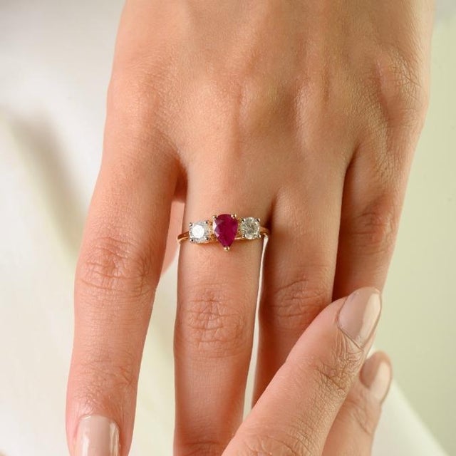 Ruby Red Ancient Prong Set Ruby & Round Diamond Past Present Future Ring Size 6 in 14k Gold For Sale - Image 8 of 14