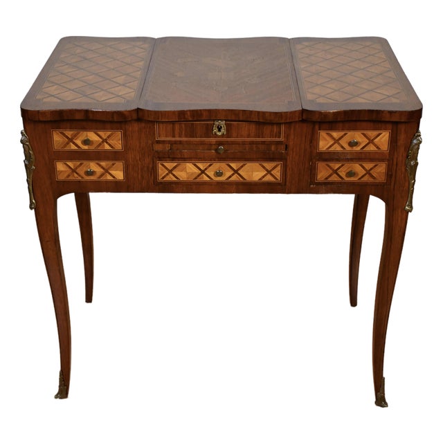 1890s Antique French Louis XV Walnut & Satinwood Coiffeuse Makeup Vanity Desk For Sale