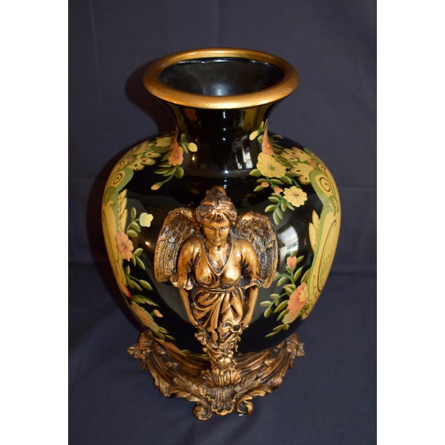 Vintage Neoclassical Ceramic Amphora Vase Lyre Floral Gilt Figural Urn 15” For Sale - Image 10 of 14