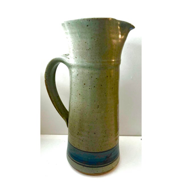 Ceramic Vintage Signed Studio Pottery Pitcher in Speckled Sage Green With Cobalt Blue Band For Sale - Image 7 of 9
