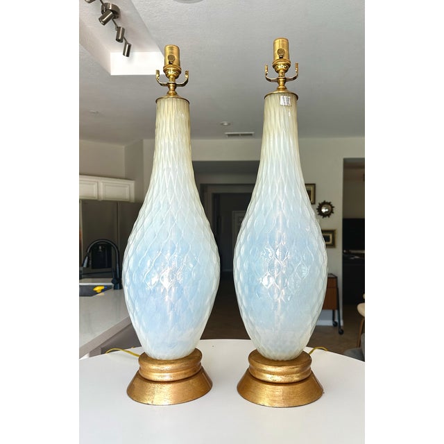 1950s Large Murano Opalescent Blue Gold Inclusions Table Lamps - a Pair For Sale In Palm Springs - Image 6 of 18