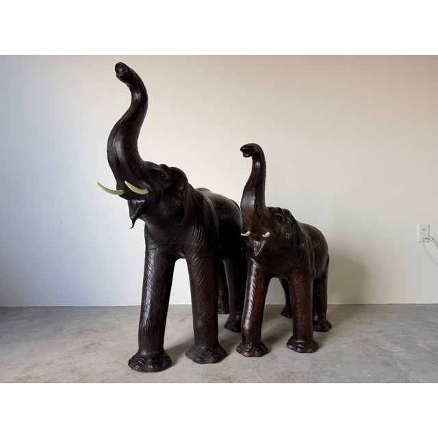 Animal Skin Vintage Safari Style Oversized Leather Elephant Sculptures With Raised Trunks – A Pair For Sale - Image 7 of 18