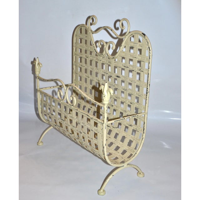 Mid-Century Modern Wrought Iron & Handwoven Iron Magazine Rack, Newspaper Stand in Champagne color Shabby Chic finish. All...