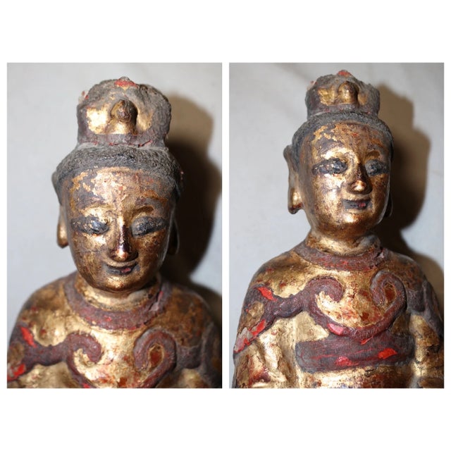Wood Antique Chinese Ming Dynasty Wood Immortal Lacquer Gold Leaf Taoist Sculpture For Sale - Image 7 of 12