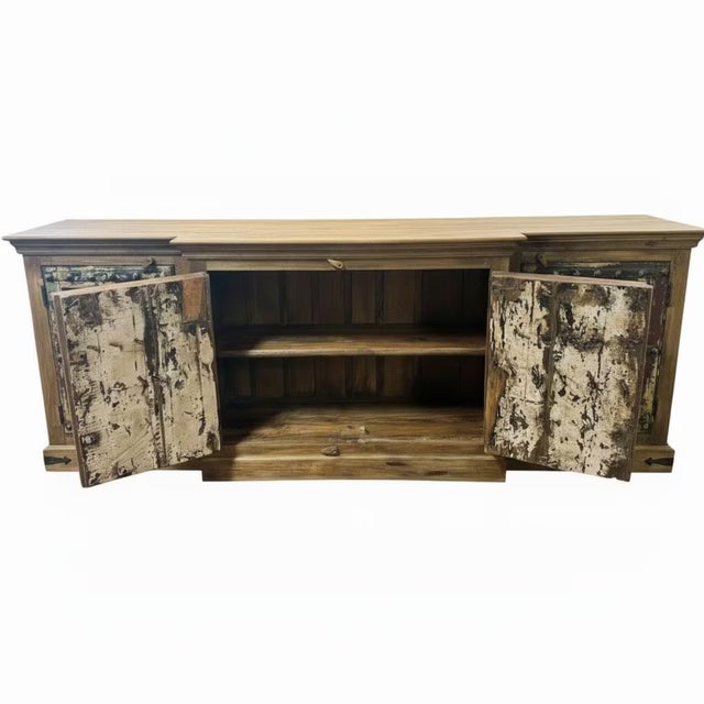 Farmhouse 1970s Farmhouse Style Distressed Painted 4 Door Solid Wood Sideboard - 96" Long | Rustic Credenza | Large Storage Buffet Cabinet For Sale - Image 3 of 5