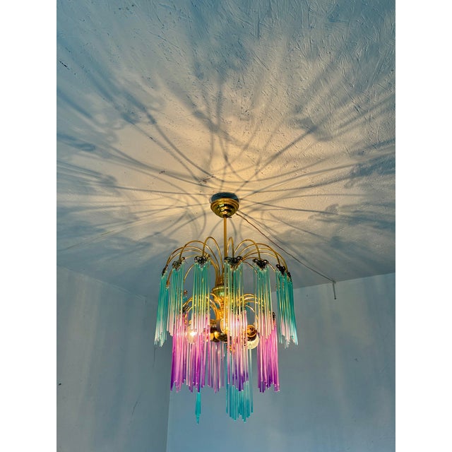 1980s One-of-a-Kind Hand-Painted Spanish Glass Rod Chandelier in Turquoise & Purple – 3 Lights For Sale - Image 9 of 16