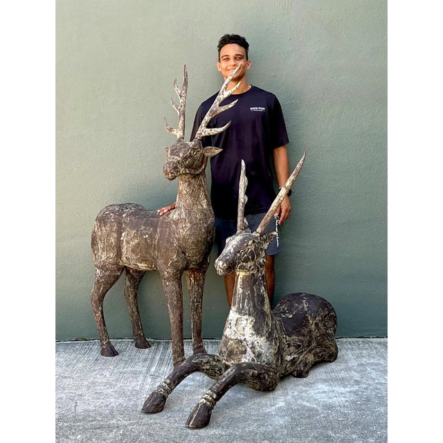 Wood Vintage Carved Wood Deer Sculptures - Pair For Sale - Image 7 of 12