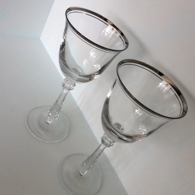 Vintage Double Line Platinum Rim Crystal Wine Glasses - a Pair For Sale - Image 12 of 13