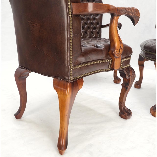 Mid-Century Modern Brown Leather Chesterfield Backs & Seat Carved Walnut Armchairs Fireside Chairs For Sale - Image 3 of 13