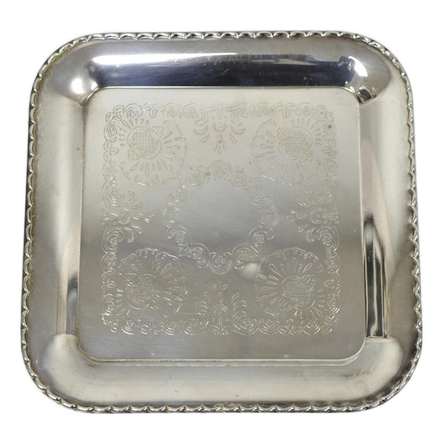 Vintage Silver Plated Victorian Style 9" Square Small Trinket Dish Platter Tray For Sale