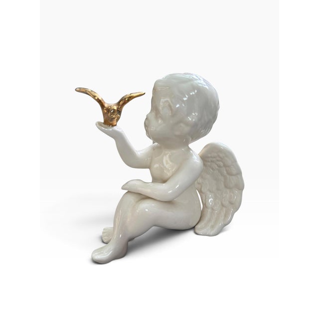 Vintage White Porcelain Cherub With Gold Bird Figurine, Hollywood Regency For Sale - Image 4 of 6