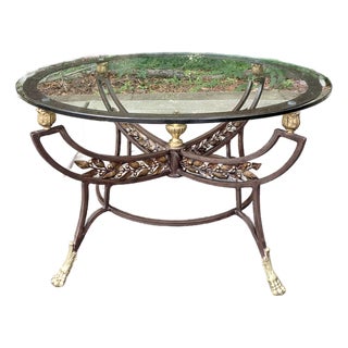 Vintage Neoclassical Style Iron & Brass Coffee Table With Glass Top For Sale