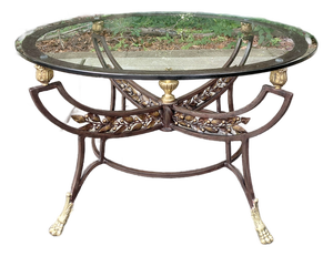Vintage Neoclassical Style Iron & Brass Coffee Table With Glass Top