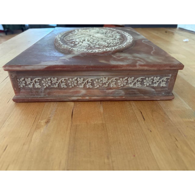 Vintage Large Pink and White Incolay Jewelry Box With High Relief Carved Pheasants and Florals For Sale In Providence - Image 6 of 9