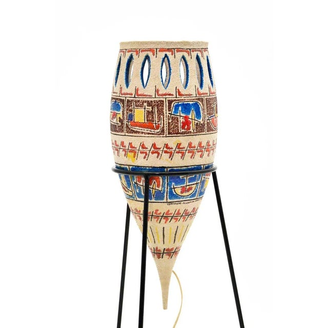 Floor lamp in glazed ceramic with abstract patterns and tripod base metal painted black, produced in Italy by Ceramiche...