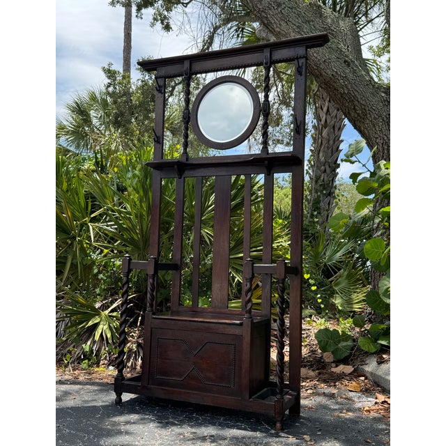 Glass Antique Barley Twist Hall Tree With Mirror, Storage Bench & Umbrella Stands For Sale - Image 7 of 8