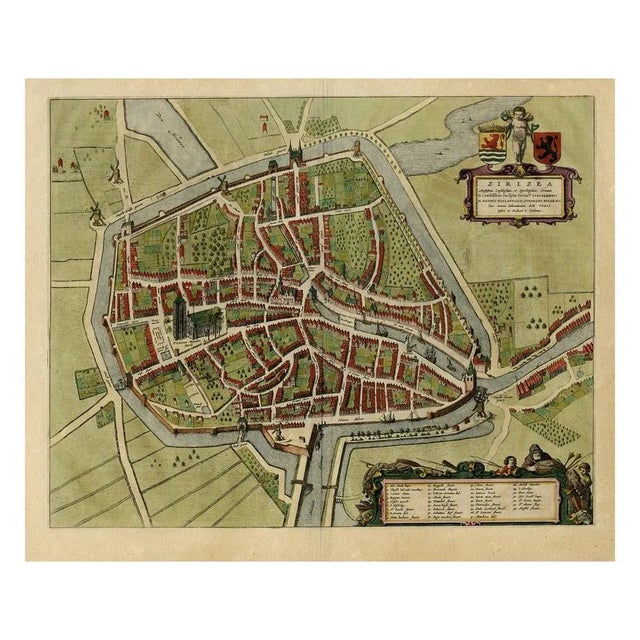 Antique print, titled: 'Zirizea.' - A bird's-eye view plan of Zierikzee in The Netherlands, with key to locations and...